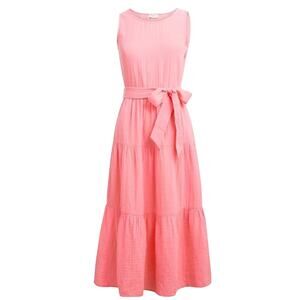 J. Crew Belted Gauze Pink 100% Cotton Lightweight Tiered Midi Dress Size 00